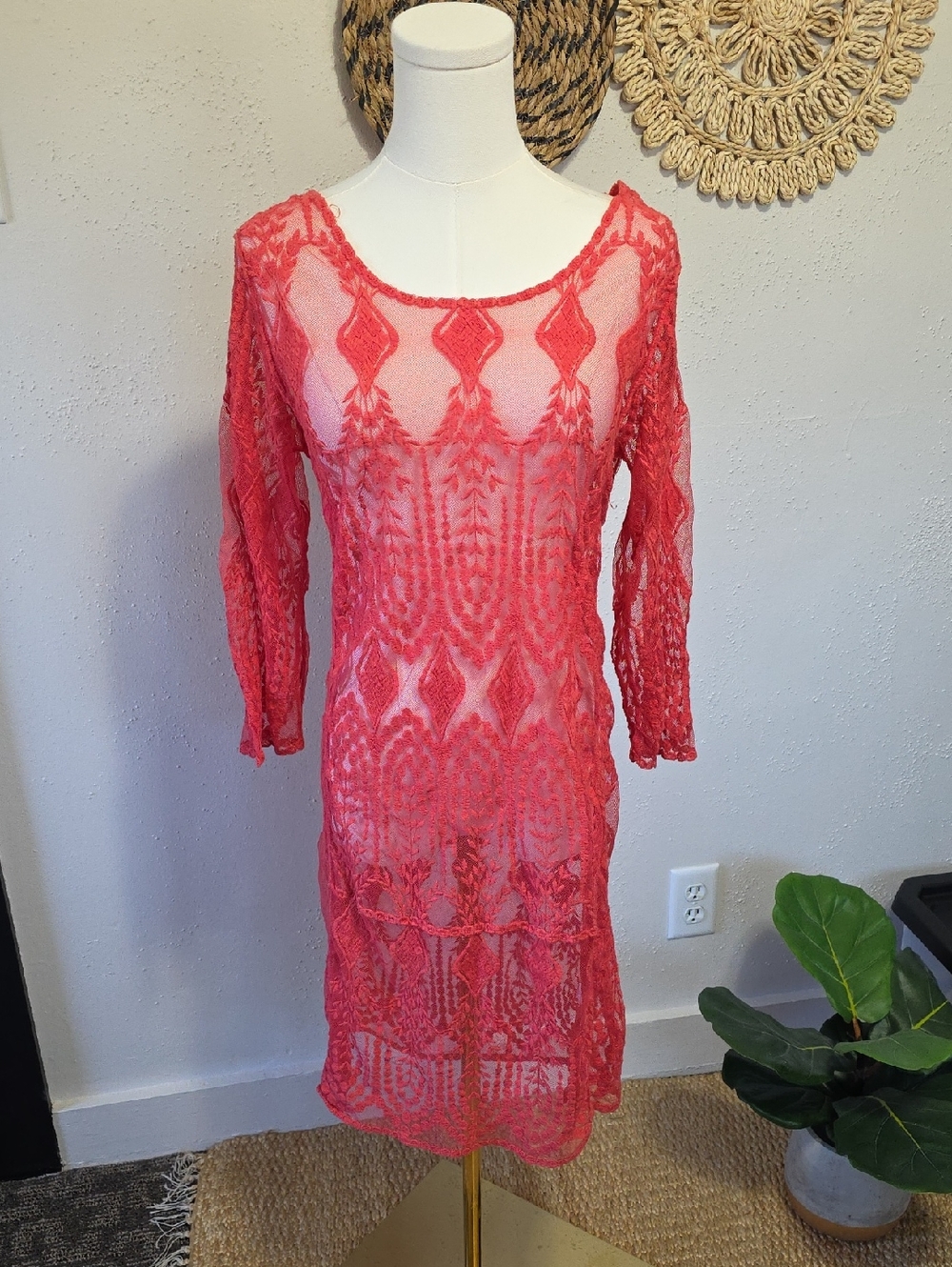 Umgee Coral Orange Embroidered Detailing Tunic Dress Womens M/L Feminine Dainty